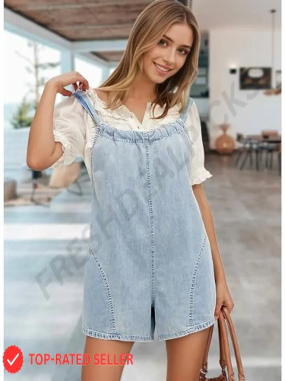 Women's Cotton Denim Overalls Shorts Romper Adjustable Tie Back Jumpsuit Pockets